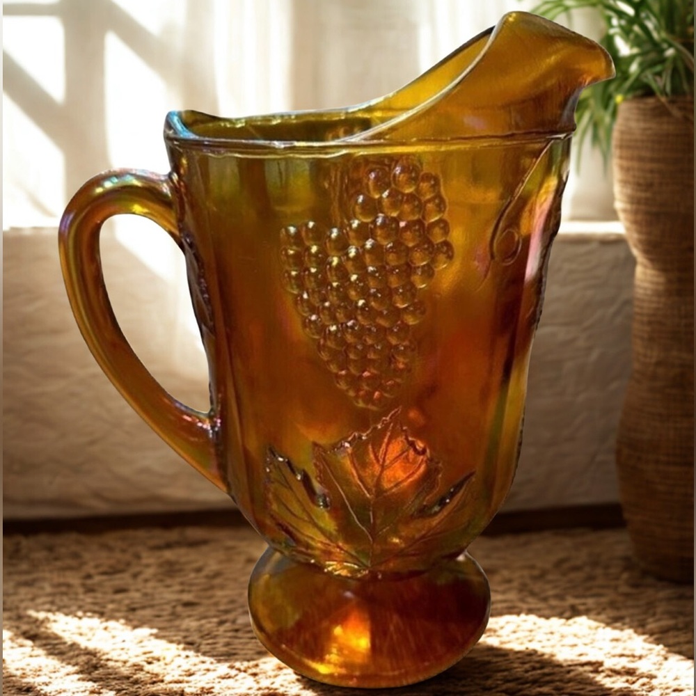 Indiana Carnival Glass Amber Iridescent Pitcher in Harvest Grape & Ivy Pattern